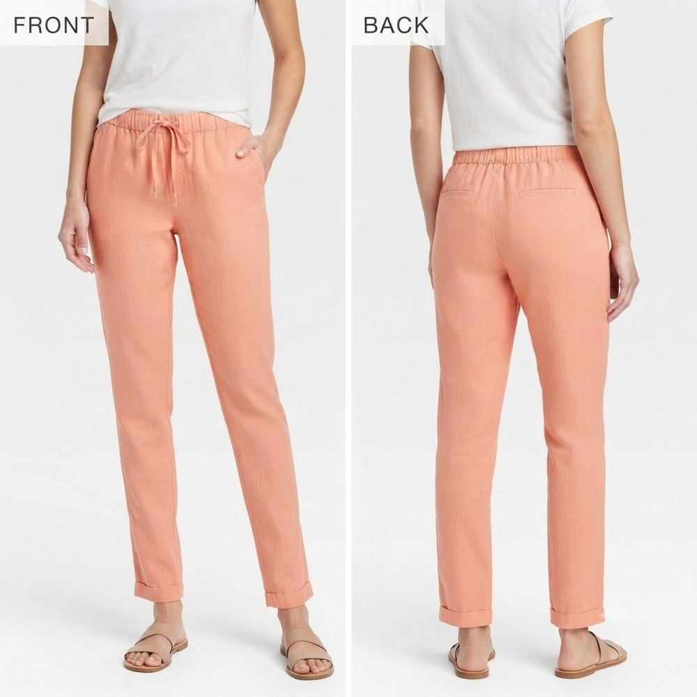 A New Day Pants Womens Small Peach Coral Linen Blend Drawstring Pull On RN17730